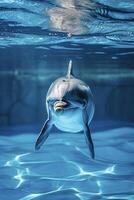 ai genererad delfin nedsänkt i vatten, med dess övre kropp och huvud synlig ai genererad foto