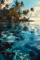 ai genererad reflexion av fågel i hav full av vatten, kokos träd närliggande, boho konst ai genererad foto