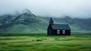 ai genererad Foto av enslig svart kyrka belägen i de mitten av ett expansiv grön fält. ai genererad