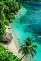 ai genererad Foto havsstrand med turkos klar vatten, vit sandstrand, och frodig grönska ai genererad