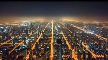 ai genererad stadsbild på natt, upplyst förbi tusentals av lampor ai genererad foto