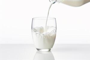 ai genererad mjölk häller in i glas på vit bakgrund. foto
