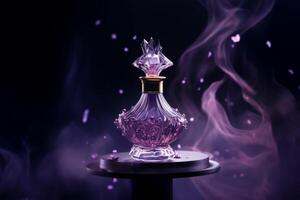 ai genererad besprutning parfym flaska på mörk lila bakgrund foto