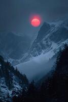ai genererad snöig bergen omgiven förbi symmetri, i de Centrum är svart och röd solar från de kväll. minimalistisk kinesisk klassisk stil ai genererad foto