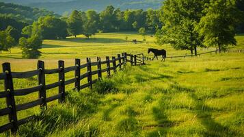 ai genererad dela järnväg staket sträckor tvärs över de landsbygden, skilje de frodig grön fält, och häst betar lugnt närliggande, lång exponering fotografi ai genererad foto