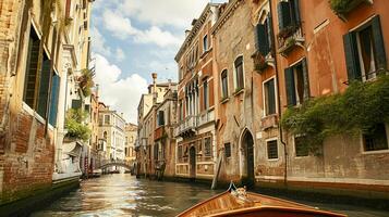 ai genererad skön scen från Venedig, med en fokus på en smal kanal omgiven förbi lång, åldrig byggnader ai genererad foto