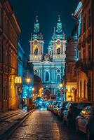 ai genererad bild av vackert upplyst barock stil kyrka, inbäddat mellan klassisk arkitektonisk byggnader på kullersten gata på natt ai genererad foto