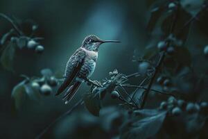 ai genererad kolibri uppflugen på en gren, upplyst förbi en mjuk blå ljus i de mitt ibland av mörker ai genererad foto