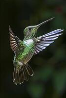 ai genererad små fågel flygande mot grön bakgrund ai genererad foto