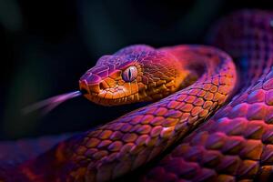 ai genererad vibrerande bild av en orm med skalor den där är upplyst i vibrerande röd och mörk toner ai genererad foto