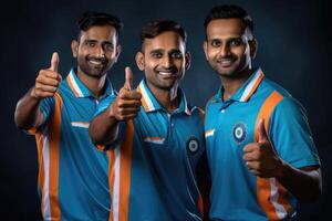 ai genererad indisk vänner i cricket tröjor med indisk flagga foto