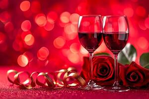 ai genererad hjärtans dag eller romantisk begrepp. två glasögon vin med reste sig röd bokeh bakgrund ai genererad foto