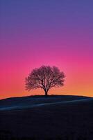ai genererad ensam träd silhouetted mot en lutning solnedgång himmel ai genererad foto