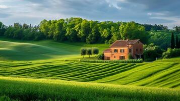 ai genererad hus de landsbygden, skilje de frodig grön fält, lång exponering fotografi ai genererad foto