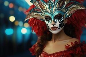 brasiliansk kvinna i karneval klädsel bär en mask foto