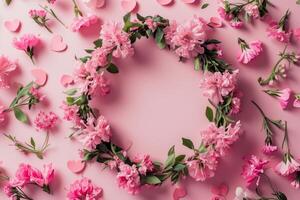 ai genererad hjärtans dag rosa blomma krans på pastell bakgrund. foto