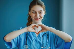 ai genererad ung kvinna läkare gör hjärta gest medicinsk begrepp. foto