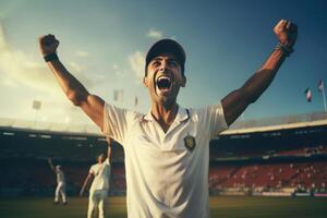 ai genererad cricket spelare firar Framgång efter match öva. foto