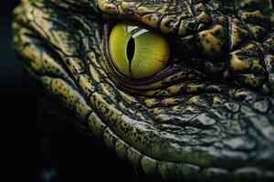 ai genererad närbild Foto av leende krokodil med öga Kontakt.