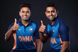 ai genererad indisk vänner i cricket tröjor med indisk flagga foto