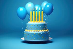 födelsedag kaka med blå glasyr och gul ljus foto