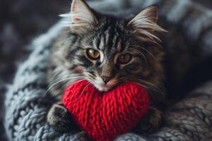 ai genererad hjärtans dag katt med röd stickat hjärta på vykort foto