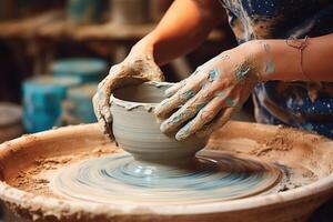 ai genererad kvinna framställning keramisk kopp på krukmakare hjul. foto