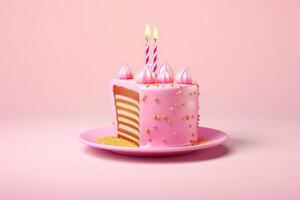 ai genererad födelsedag kaka med guld ljus och rosa glasyr foto