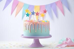 ai genererad färgrik födelsedag kaka med dekorationer foto