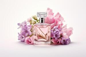 ai genererad blommig parfym flaska på vit bakgrund foto