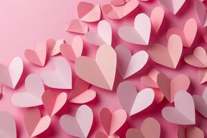 ai genererad papper hjärtan på rosa pastell bakgrund abstrakt firande begrepp foto