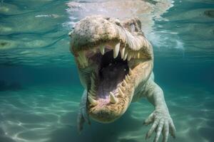 ai genererad saltvatten krokodil avslöjar tänder i Mexiko. foto