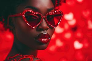 ai genererad afrikansk flicka i hjärtformad solglasögon symbol av kärlek. foto