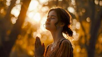 ai genererad lugn utomhus- meditation, ung kvinna bön- mitt i natur foto