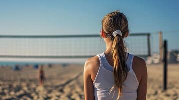 ai genererad strand volleyboll livsstil, atletisk flicka i verkan på sand foto