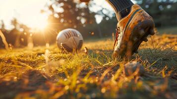 ai genererad fotboll handling, sida se av fotboll känga sparkar boll foto