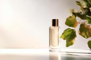 ai genererad minimal stil parfym mall med väsen flaska och solljus foto