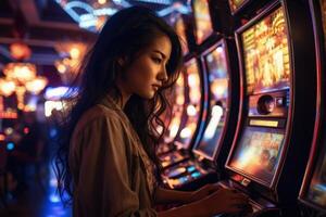 ai genererad asiatisk kvinna Beroende till hasardspel i las vegas kasino. foto