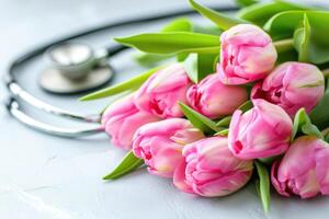 ai genererad knippa av rosa tulpaner och stetoskop på vit bakgrund. nationell doktorer dag. Lycklig sjuksköterska dag. foto