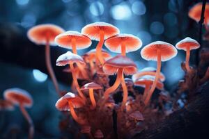 ai genererad makro fotografi av färgrik svamp på träd. foto