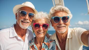 ai genererad porträtt av Lycklig äldre människor på semester på hav foto