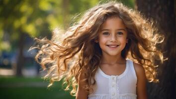 ai genererad liten flicka med skön hår utomhus i sommar foto