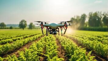 ai genererad Drönare flugor och sprayer grön växter i de sängar foto