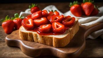 ai genererad utsökt aptitlig bröd med jordgubb sylt på de tabell foto