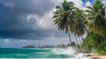 ai genererad stark vind tropisk storm handflatan träd, hav Strand foto
