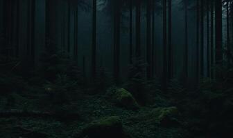ai genererad mörk skog med dimma i de bakgrund. djup grön tonad natur bakgrund foto
