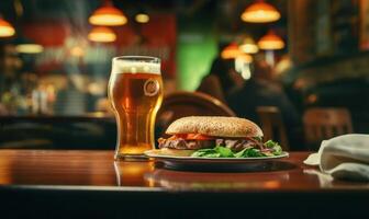 ai genererad hamburgare med en glas av öl på en tabell i en pub foto