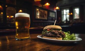 ai genererad smörgås med öl på trä- tabell i pub, mjuk fokus bakgrund foto