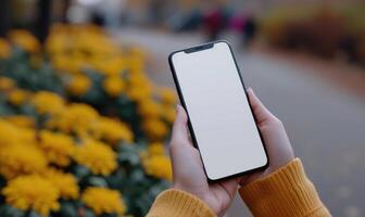 ai genererad kvinna händer innehav en smartphone med en vit skärm på de bakgrund av gul blommor foto