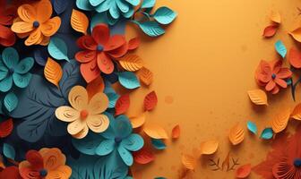 ai genererad abstrakt blommig bakgrund med blommor och löv papper skära stil foto